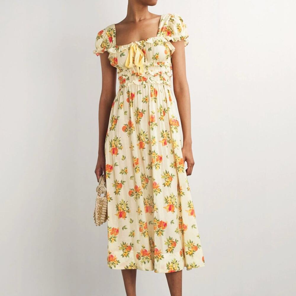 doen clarinet orange floral print milkmaid midi dress